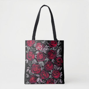 Bolsa Tote Rosas de aquarelas, sobre fundo preto, aquarela