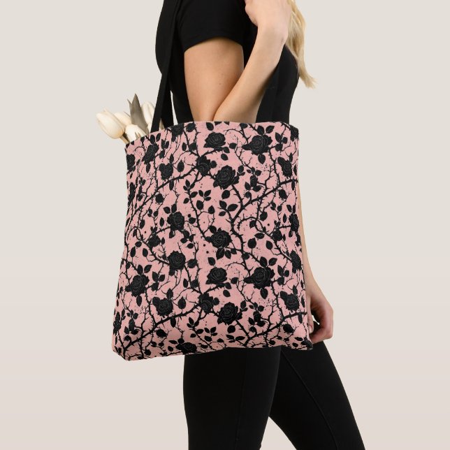 Bolsa Tote Rosas de cemitério preto e rosa gótica (Close Up)
