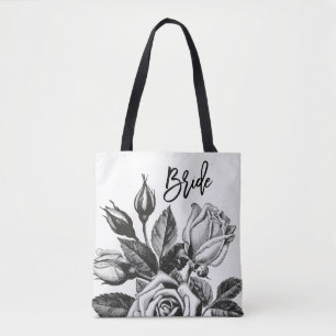 Bolsa Tote Rosas de chá do vintage da noiva em preto e