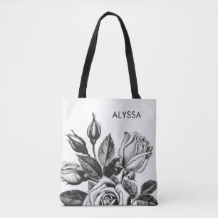 Bolsa Tote Rosas de chá Vintage Elegante Preto e branco
