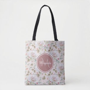 Bolsa Tote Rosas de creme elegantes monograma floral e nome
