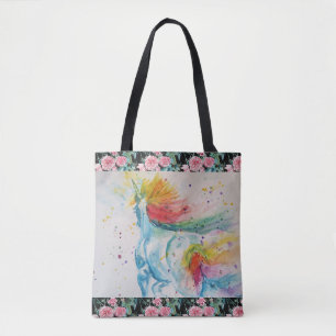 Bolsa Tote Rosas de Teal Arco-Íris Unicórnio  Arte floral
