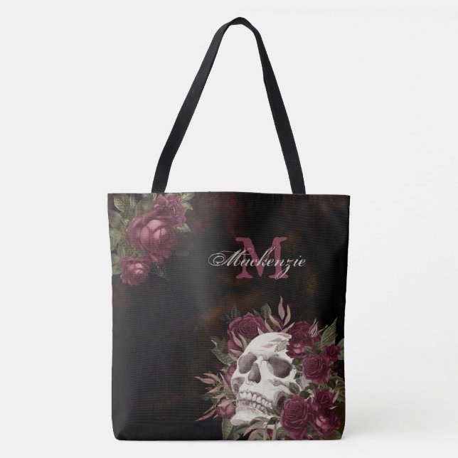 Bolsa Tote Rosas do crânio Monograma Nome Borgonha Preta (Frente)