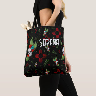 Bolsa Tote Rosas do crânio Zia Sun Greenery Black Novo México