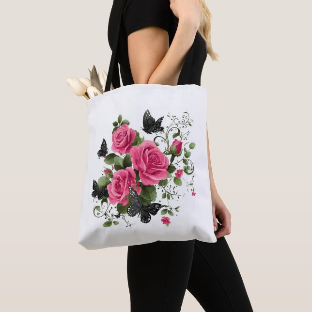 Bolsa Tote Rosas e Borboletas, Design Colorido, (Close Up)