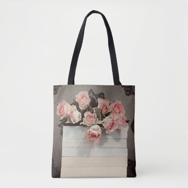 Bolsa Tote Rosas e livros cor-de-rosa (Frente)