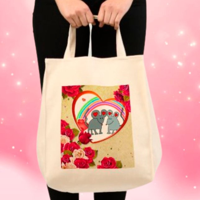 Bolsa Tote Rosas e mouses de enquadramento cardíaco com arco- (Roses and Heart Frame Mice with Rainbow Tote Bag)