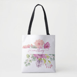 Bolsa Tote Rosas e pêssegos floral personalizado em aquarela