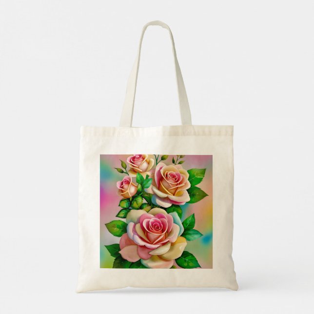 Bolsa Tote Rosas Elegância Pastas de Aquarelas cor-de-rosa e  (Verso)