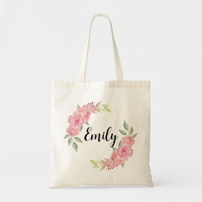 Bolsa Tote Rosas Elegantes Flores Monograma Nome Damas de Hon (Frente)