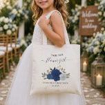 Bolsa Tote Rosas em Aquarela Azul Elegante Menina das Flores<br><div class="desc">Essas belas bolsas são uma maneira maravilhosa de agradecer às suas damas de flores por fazerem parte do seu casamento. Elas apresentam um lindo design floral boho chic com um conjunto de rosas pintadas à mão em tons de azul real, poeirento e naval, rodeadas por raminhos de folhas de eucalipto...</div>