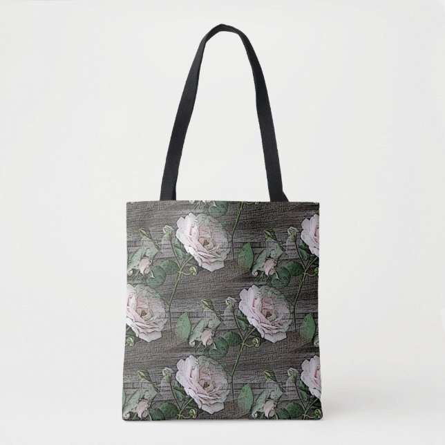 Bolsa Tote Rosas em Madeira Desgastada (Frente)