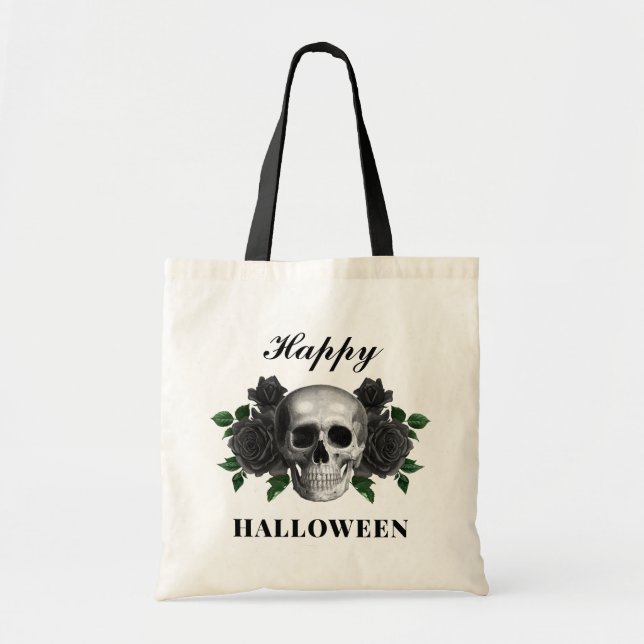 Bolsa Tote Rosas Negras e Caveira Gótica Feliz Halloween (Frente)
