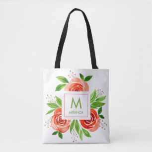 Bolsa Tote Rosas Peach-Coral Monograma de Aquarela Personaliz
