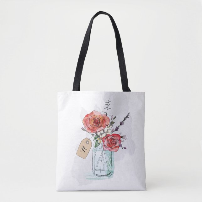 Bolsa Tote Rosas Pintadas em Jarrão de Flores Monograma (Frente)