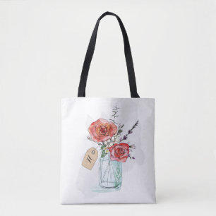 Bolsa Tote Rosas Pintadas em Monograma Floral de Pote de Vidr