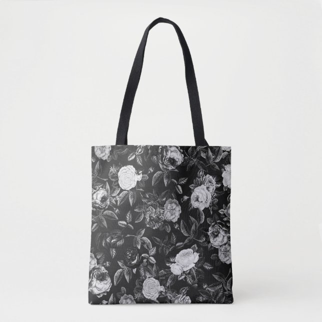 Bolsa Tote Rosas Pretas e Brancas Elegantes (Frente)