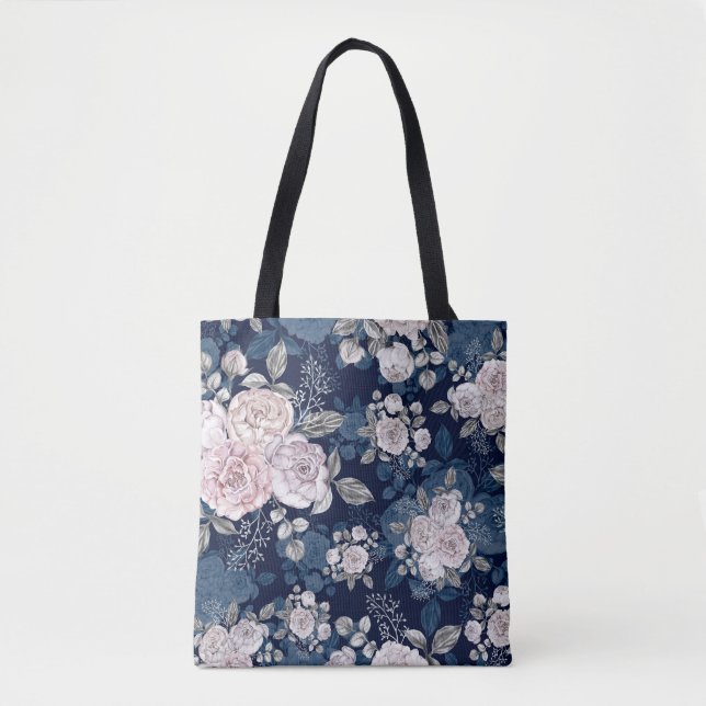 Bolsa Tote Rosas Rosa Azul Escuro: Vintage (Frente)