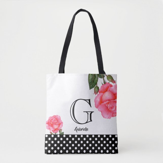 Bolsa Tote Rosas Rosa-D-D-H Monograma de Arte Floral (Frente)