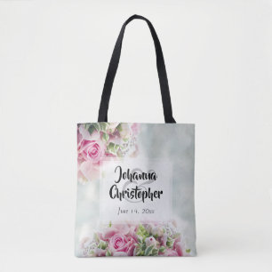 Bolsa Tote Rosas Rosa Elegantes e Pedônias em Casamento Teal