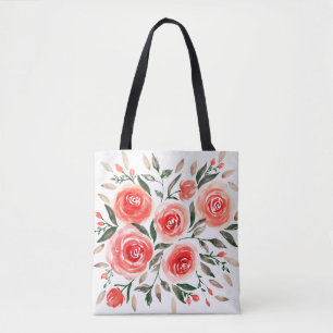 Bolsa Tote Rosas Rosa Femininas Ilustração Floral de Aquarela