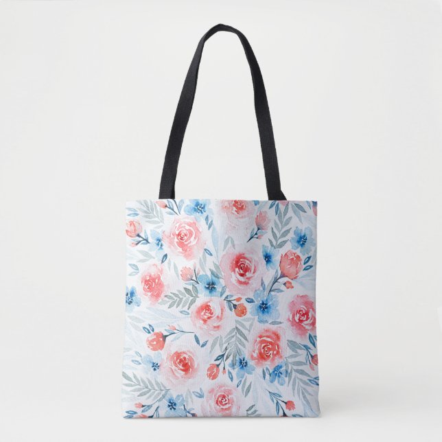 Bolsa Tote Rosas Rosa Flores Azuis Flores Aquáticas Padrão Fl (Frente)