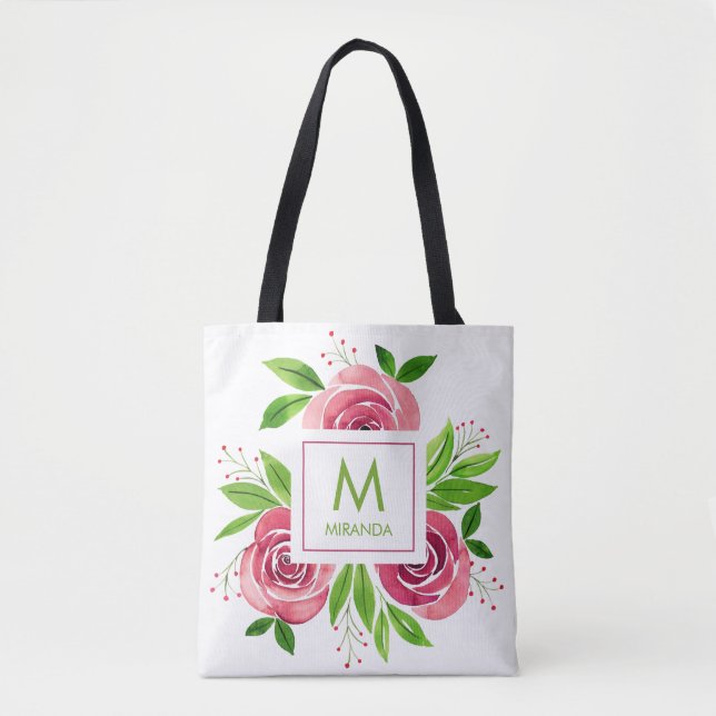 Bolsa Tote Rosas Rosa Monograma de Aquarela Personalizado (Frente)