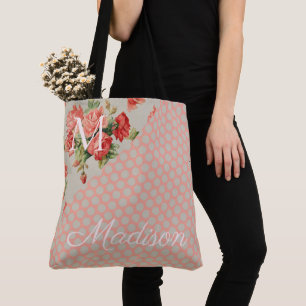 Bolsa Tote Rosas Rosa Pontos de Trendy Nome da Rapariga Monog