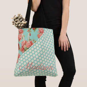 Bolsa Tote Rosas Rosa Trendy Green Pontos Girly Nome Monogram