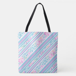 Bolsa Tote Rosas rosadas, Borboletas brancas e tiras semelhan