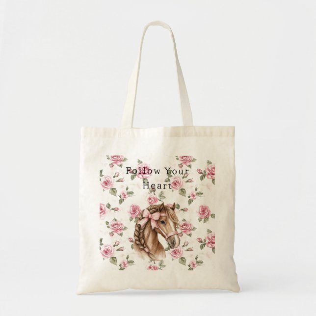 Bolsa Tote Rosas Rosas Florais Cavalos Bonitos Laço Rosa (Frente)