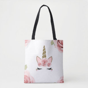 Bolsa Tote Rosas Rosas Unicórnio com Brilho Dourado Fofo na M