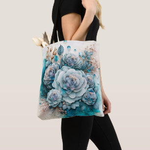 Bolsa Tote Rosas Turquesa e Douradas em Grande Escala
