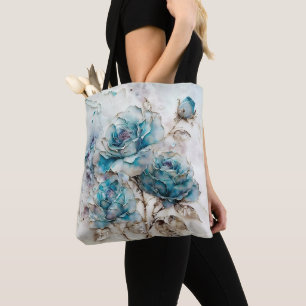 Bolsa Tote Rosas Turquesa e Douradas em Grande Escala