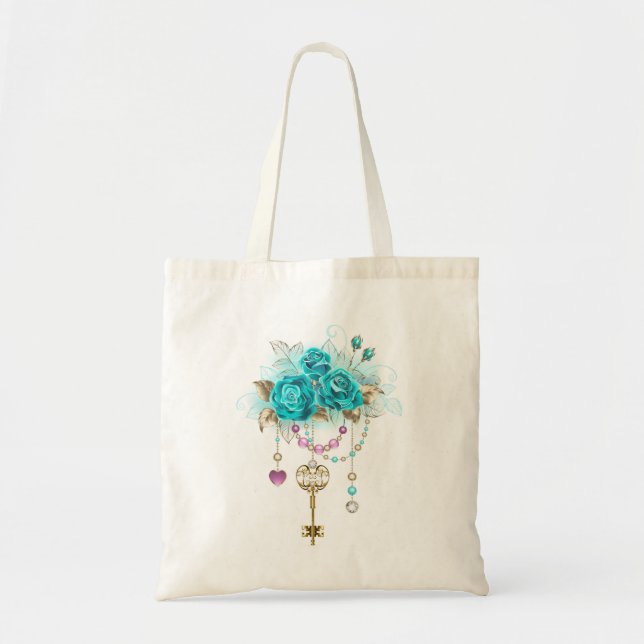 Bolsa Tote Rosas Turquesas com Chaves (Frente)