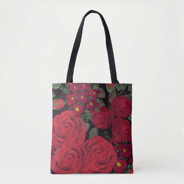 Bolsa Tote Rosas vermelhas de aquarelas a preto, (Frente)