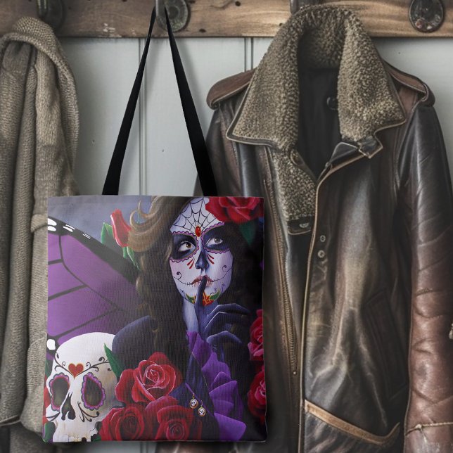 Bolsa Tote Rosas vermelhas de crânio de açúcar Roxo (Criador carregado)