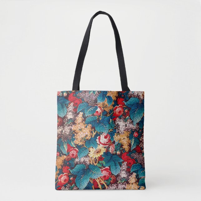 Bolsa Tote Rosas vermelhas de vindima e padrão floral lilás (Frente)