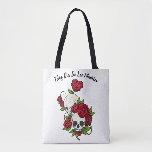 Bolsa Tote Rosas vermelhas e crânios Feliz Dia dos Mortos (Frente)
