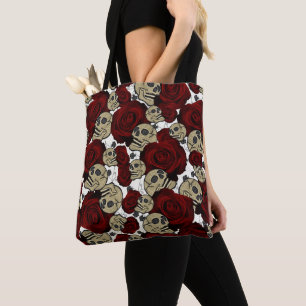 Bolsa Tote Rosas vermelhas e crânios Pretos - Branco Floral