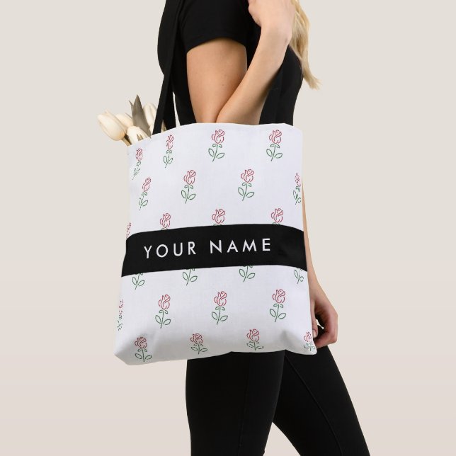 Bolsa Tote Rosas vermelhas, Padrão De Rosas, Seu Nome (Close Up)