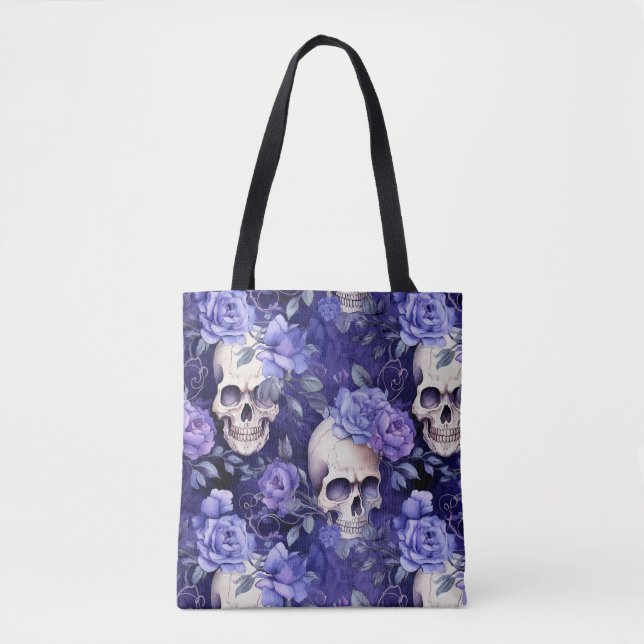 Bolsa Tote Rosas violetas con calaveras (Frente)