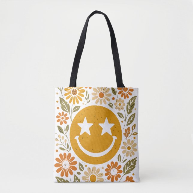 Bolsa Tote Rosto de sorriso com flores boho (Frente)