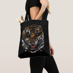 Bolsa Tote Rosto de Tigre Feroz Arte Ousado Predador da Selva