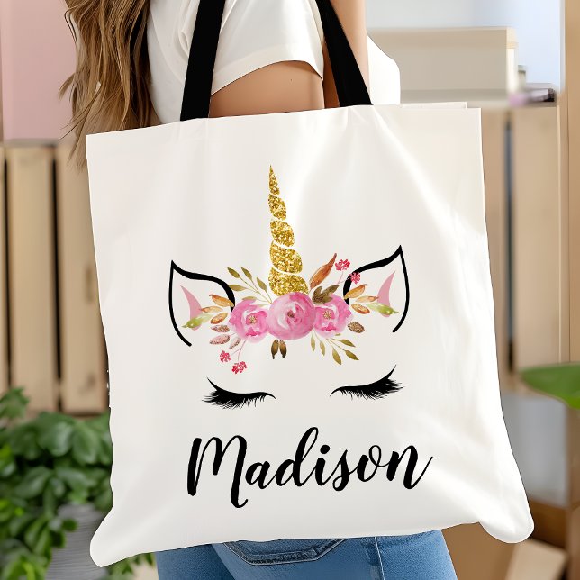 Bolsa Tote Rosto de Unicórnio Com Cílios Nome Personalizado (Criador carregado)