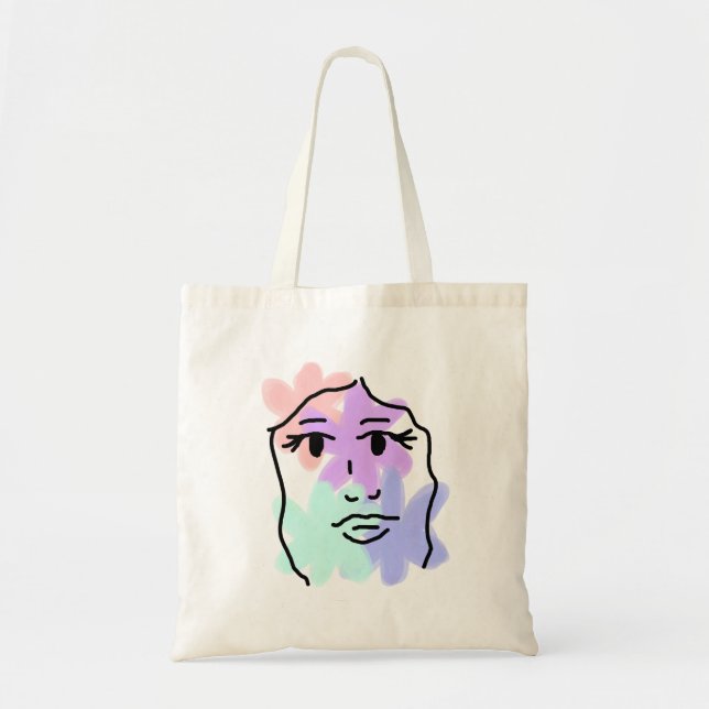 Bolsa Tote Rosto e flores abstrato (cores pálidas) (Frente)