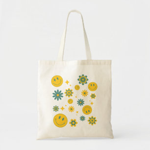 Bolsa Tote rosto sorridente engraçado e flores descoladas