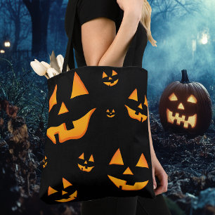 Bolsa Tote Rostos de Abóbora Iluminados Design de Halloween