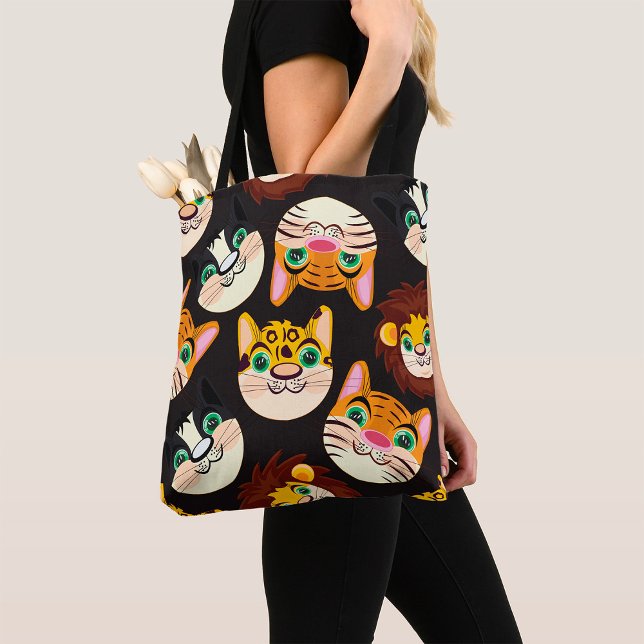 Bolsa Tote Rostos de Animais em Padrão Gatos Leões Cães (Criador carregado)