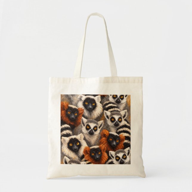 Bolsa Tote Rostos de Lêmures e Caudas Aneladas Vida Selvagem  (Frente)